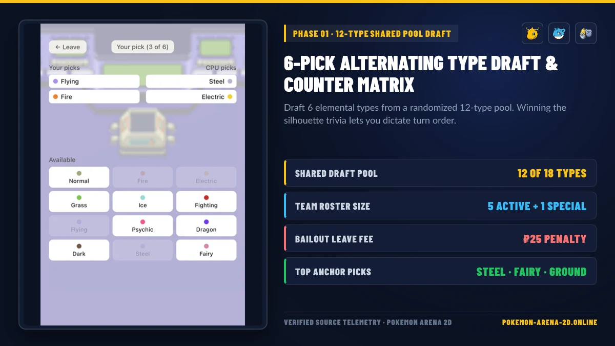 Pokemon Arena 2D 12-to-6 elemental type wheel draft and live battle preview